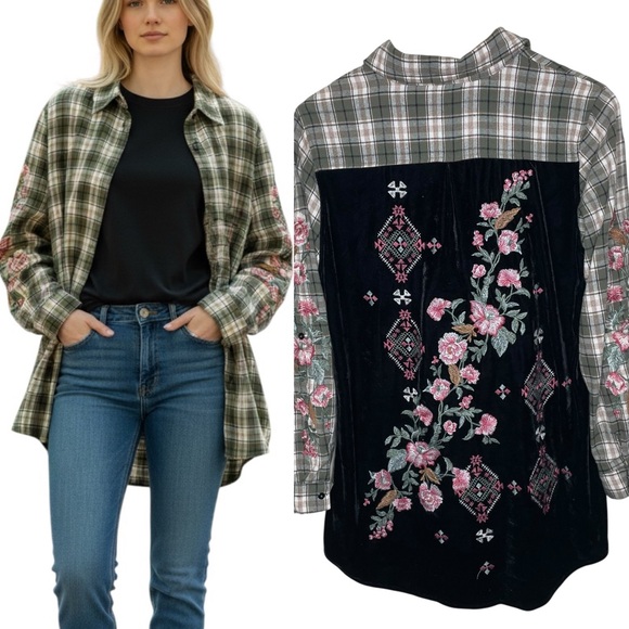 paparazzi Tops - Paparazzi‎ Velvet Floral Embroidered Back Plaid Flannel Western Boho Shirt Large